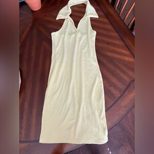 Fashion Nova Pale Yellow Ribbed Halter Midi Dress